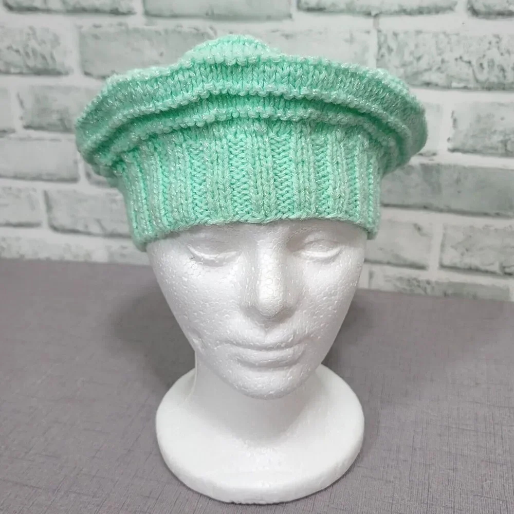 Vintage 70s Handmade Mint Green Metallic Glitter Ribbed Knit Beret Hat Hippie‎